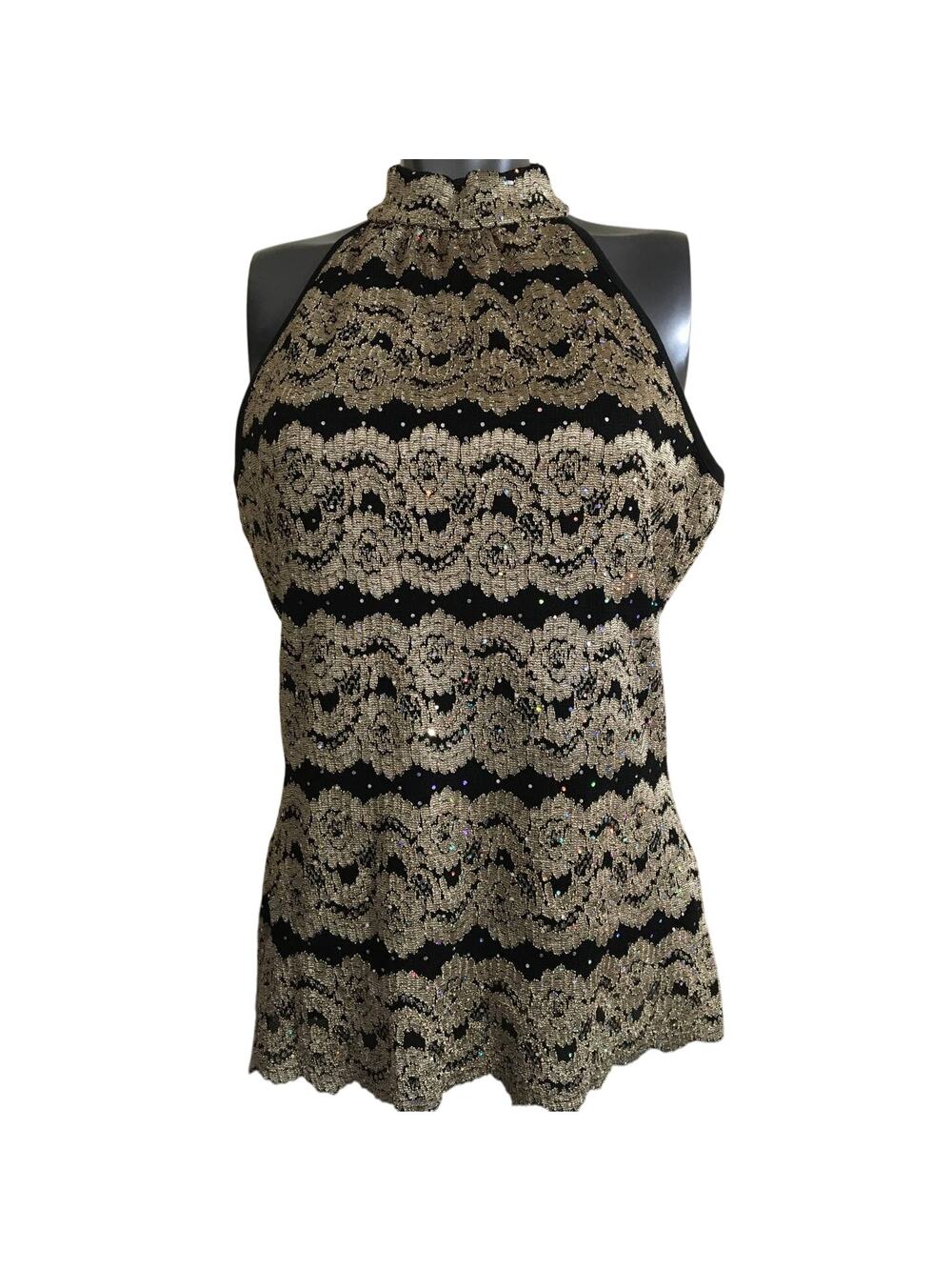 Nue Options Large Black & Tan Lace W Sequins Top, Scalloped Hem, Choker Collar